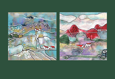 seasonal landcsape, acrylic abstract acrylic decorative houses landscape moody mountains rural seasons village weather