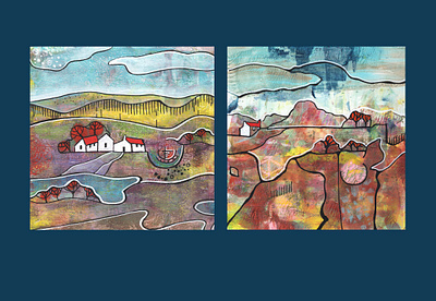 Original seasonal landscape abstract acrylic decorative houses landscape moody mountains rural seasons village weather