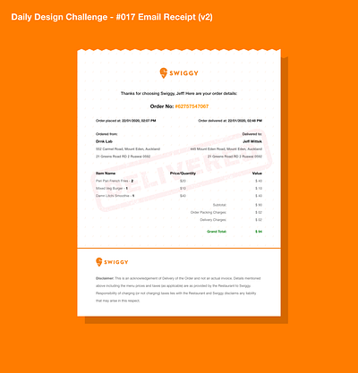Daily Challenge 017 Email Receipt v2 billing branding customer experience dailyui dailyuichallenge design designui food food app minimalistic reciept swiggy trending design trending ui user experience