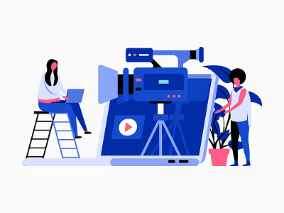 Video production illustration. blog design graphic header icon illustration illustrator laptop people play purple recording stair ui ux vector video website