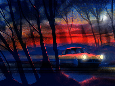 night drive car contrast coupe drawing driving dusk forest illustration illustrator ipad mood night procreate trees