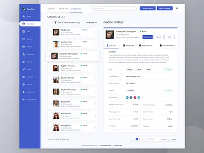 HR Recruitment Software - List of Candidates and detail branding candidate detail home hr interview ios list of candidates mail navigation bar pagination recruitment software reject scedule interview search social links ui user profile ux web website design