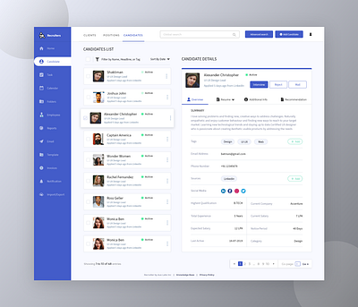HR Recruitment Software - List of Candidates and detail branding candidate detail home hr interview ios list of candidates mail navigation bar pagination recruitment software reject scedule interview search social links ui user profile ux web website design