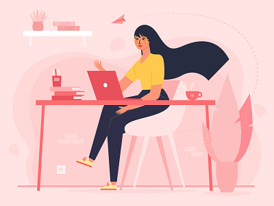 Working girl illustration color colorful cup dribbble floral freelance freelancer illustration illustration art illustrations laptop office pink ui vector