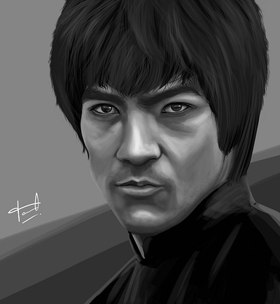 Bruce Lee digital painting grayscale portrait illustration