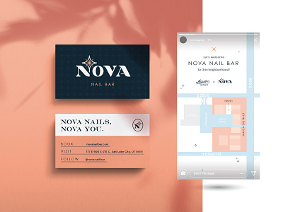 Nova Nail Bar Collateral branding business card design business cards logo logo design logotype map design map illustration nova salon logo salt lake city social media design star starburst