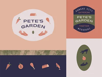 Pete's Garden badge brand bread chicken fish food hand icons leaf patch