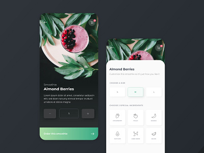 Smoothie App adobe xd berries dark app dark ui fruits fruity gradients green leaves mobile design shadow smoothie ui ux web design