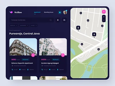 Weilkos - Apartment/Boarding House App app clean dark darkmode design finder home ui user experience user interface ux web design