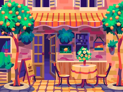 Spain cafe art cafe cartoon design digital graphic illustration orange town traveling vector