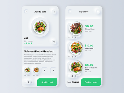 Neumorphism Style - Food Ordering UI 2020 trend 2d abstract adobe xd adobexd animation dailyui design figma food food app minimal minimalist mobile neumorphism order shadow skecth ui ux