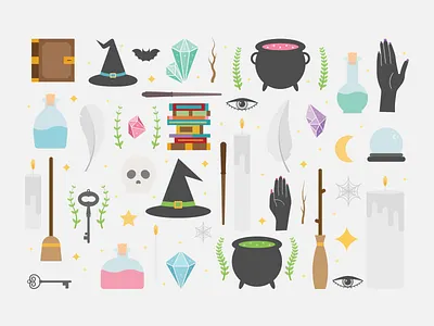 Magic Elements bat book broom cauldron crystal digital flat halloween hand key magic potion spell spider web spooky wand witch witchcraft