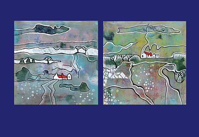 Seasonal landscape abstract acrylic country decorative landscape original rural seasons village weather