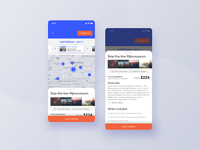 Trip Planner Mobile App - Service details amsterdam application datepicker details page holidays hotel app icon maps notification people product profile search service trip trip app trip map trip planner ui user