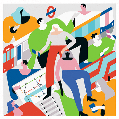 TFL app art buse characterdesign colours design digitalart direction flat illustration illustrator london map phone procreate texture train transport uk vector