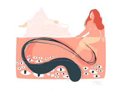 I'm watching you bath concept drawing eyes flat girl illustration lake monster pink swim vector water