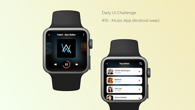 Daily UI Challenge - (10) Music app (Android wear) adobe xd aesthetic android wear audiophile clean ui daily ui 010 daily ui challenge materialdesign minimalistic music app pause play playlist smartwatch ui concept user interface design ux design uxui watchos wearables