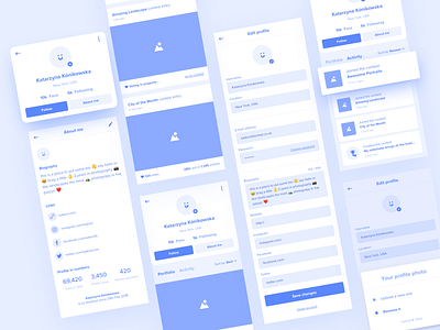 Photographer's profile pages – hi-fi wireframes activity app bio biography blue clean clean ui exploration hi fi monogram photographer photos portfolio profile shuttout user web white wireframe wireframes