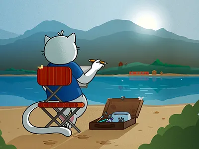 Painting art cat character landscape mountains nature painting river water