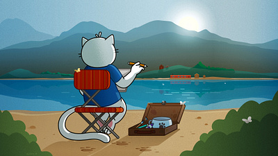 Painting art cat character landscape mountains nature painting river water