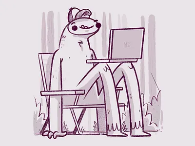 Working Sasquatch 80s blake stevenson camping character design cute forest hipster illustration jetpacks and rollerskates laptop lawn chair retro sasquatch trees yeti