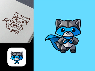 Raccoon Superhero animal app icon bandit blue cape cartoon character cool digital friendly hero illustrative logo mascot mask process raccoon sketch superhero symbol