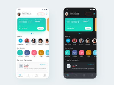 Finance App Light Vs Dark banking bill payment dashboad ebanking finance app mobile bank mobile banking app money transfer netbanking payment app ui ux wallet