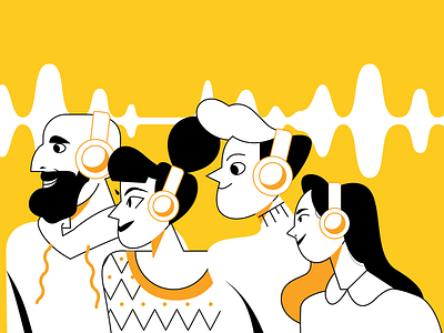 Radio Listeners character art editorial art flatdesign headphones illustration illustrator monochrome music people radio vector yellow