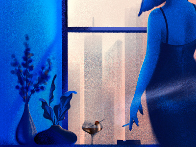 apartment window blue cigarette city cocktail contrast dress editorial fiddle leaf illustration illustrator ipad light manhattan mood plant procreate skyline vase window woman