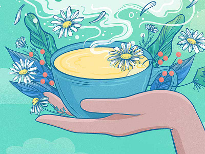 Chamomile Tea Cup flowers food food illustration green hand illustration procreate steam tea tea cup tea illustration