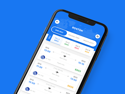 Flight Booking App Concept airplane app booking calendar ecommerce flight flight booking ios app list plane price price list reserve search ticket travel travel app