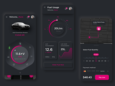 Car Maintenance branding car dark dark neumorphic dashboard fuel fuel consumption graphs location minimal mobiledesign neumorphic skeuomorph track ui ux