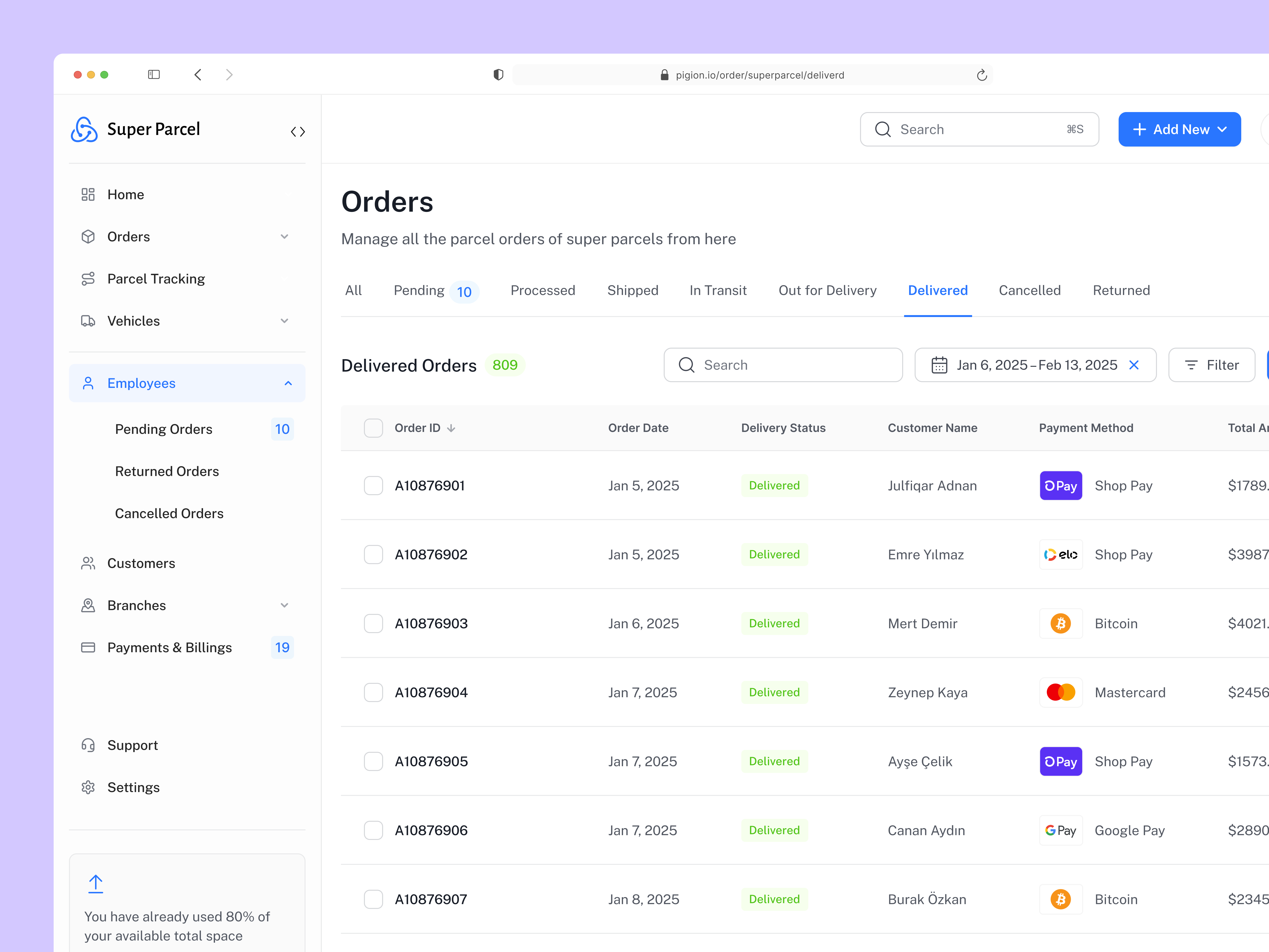 SaaS Dashboard - Courier service order management. courier courier app dashboard dashboard ui ux delivery delivery app parcel product design saas saas dashboard sidebar software table table design tracking app
