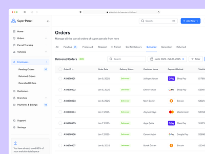 SaaS Dashboard - Courier service order management. courier courier app dashboard dashboard ui ux delivery delivery app parcel product design saas saas dashboard sidebar software table table design tracking app