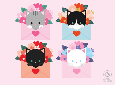 Valentines Day Kitties black cat cats character cute cute animals enamelpin illustration illustration design kawaii tuxedo cat valentines vector white cat