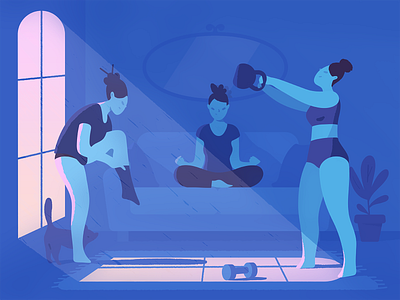 Clones-2 adobe illustrator adobe photoshop blue cat dumbbell fitness illustration illustrator kettlebell light meditation mirror monochromatic morning plant sofa window women workout workouts