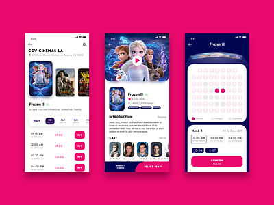 Movie theater APP interfaces aftereffects animation cinema dynamic interactive iphone11pro motion movie principle product ticket ticket app ticket booking ui ux