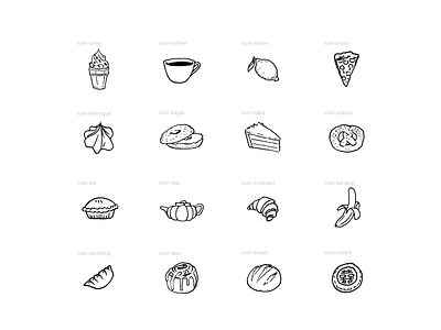 food icons banana bread cake cinnamon bun coffee cookie croissant dumpling food ice cream lemon meringue pie pizza pretzel tea