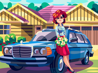 Suburban girl art car cartoon character comic design digital drawing illustration suburban vector