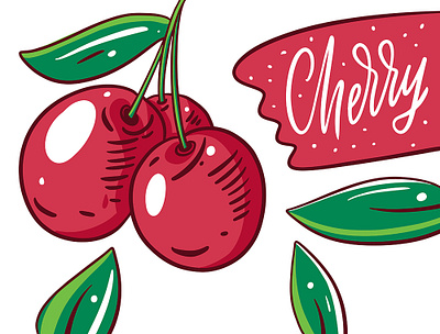 Ripe Cherry berry cartoon cherry cute food illustration leave lettering poster red ripe sketch summer sweet vector yummy