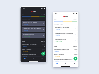 Toggl | iOS app light & dark mode app dark mode dark theme ios mobile toggl ui ux