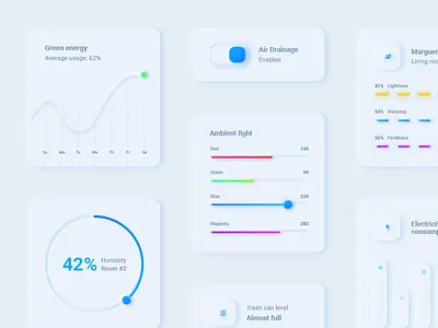 Neumorphic UI for Smart House app buttons cards controls forms home neumorphic neumorphism photoshop progressbar sketch smart home template ui ux