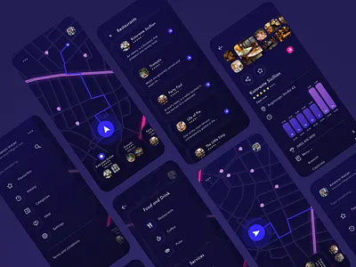 First preview of Throttle App app black blue car color dark design drive gallery info card local map menu neuomorphic night mode schedule sketch ui kit vector
