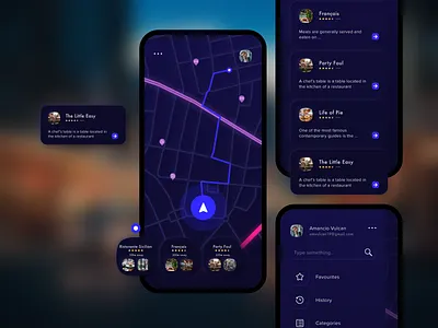 Throttle app app black blue car city color design driving gps info card local map menu night mode restaurant road sketch skeuomorphic ui ui kit