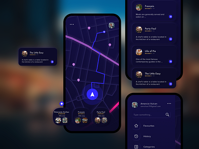 Throttle app app black blue car city color design driving gps info card local map menu night mode restaurant road sketch skeuomorphic ui ui kit