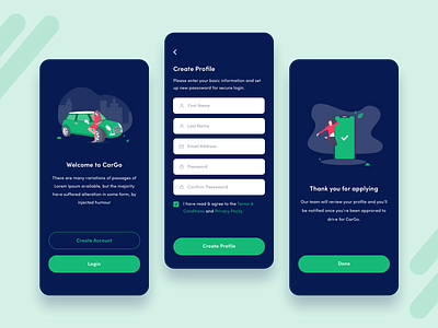 CAR GO app clean color create account create profile design illustration iphone login popup ui ux vector