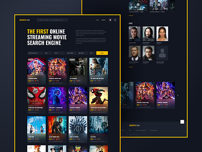 SpeedyTV. Streaming movie search engine redesign black cast dark design figma film layout movie poster redesign search series streaming tv ui ui design ux website website design yellow