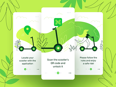 Kiwi App for Rent Scooters I Ios adobe photoshop app business clean design electric icons illustraion illustration illustrations illustrator nikitin onboarding screen rent scooter sketch storytelling tutorial ui ux