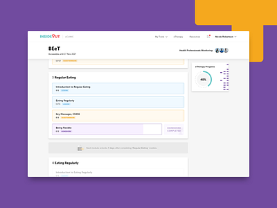 InsideOut / eTherapy agency design disorder eating disorders elearning etherapy healing healthcare portal patient engagement patient portal product design progress ui ux web