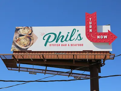 Phil's Billboard baton rouge billboard branding branding design design graphic design lights logo outdoor outdoor logo oyster bar logo restaurant restaurant branding restaurant logo seafood restaurant signage signage design type